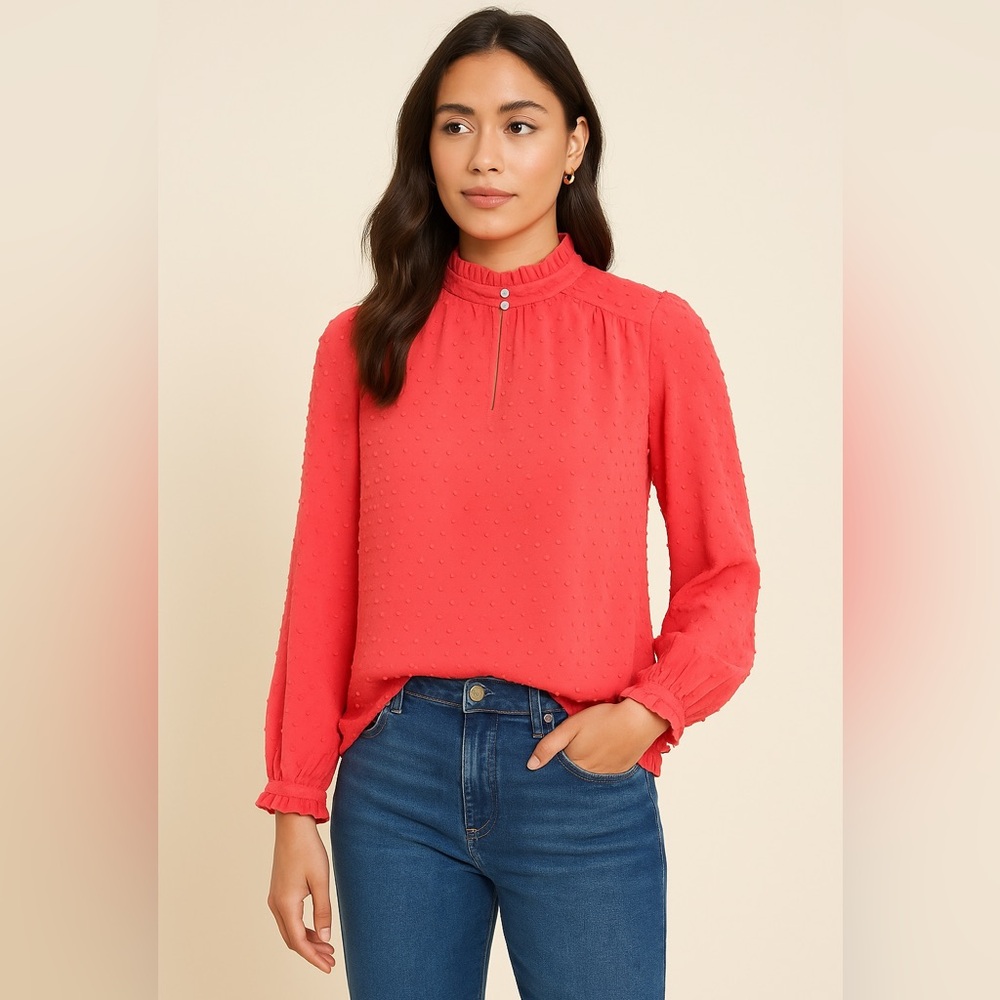 J. Crew Coral Red Swiss Dot Long Sleeve Blouse